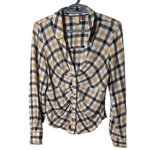 Anthropologie Pilcro Ruched Plaid Long-Sleeve Shirt Neutral Motif Coloring Sz Sm